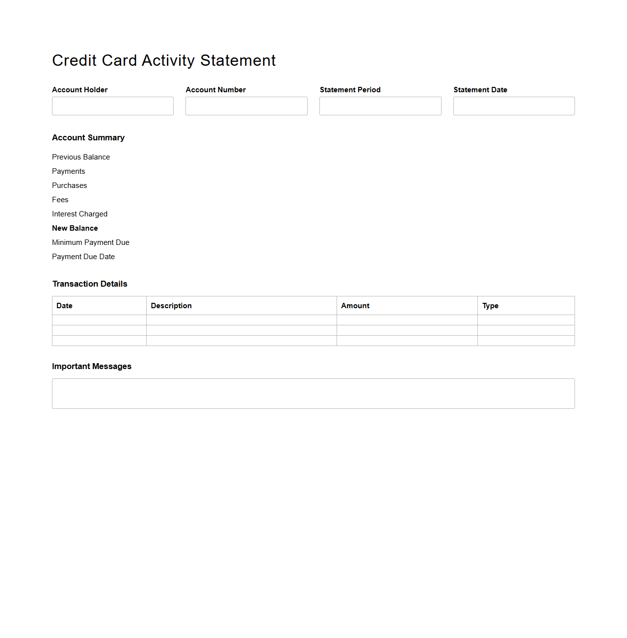 Blank Credit Card Activity Statement Template