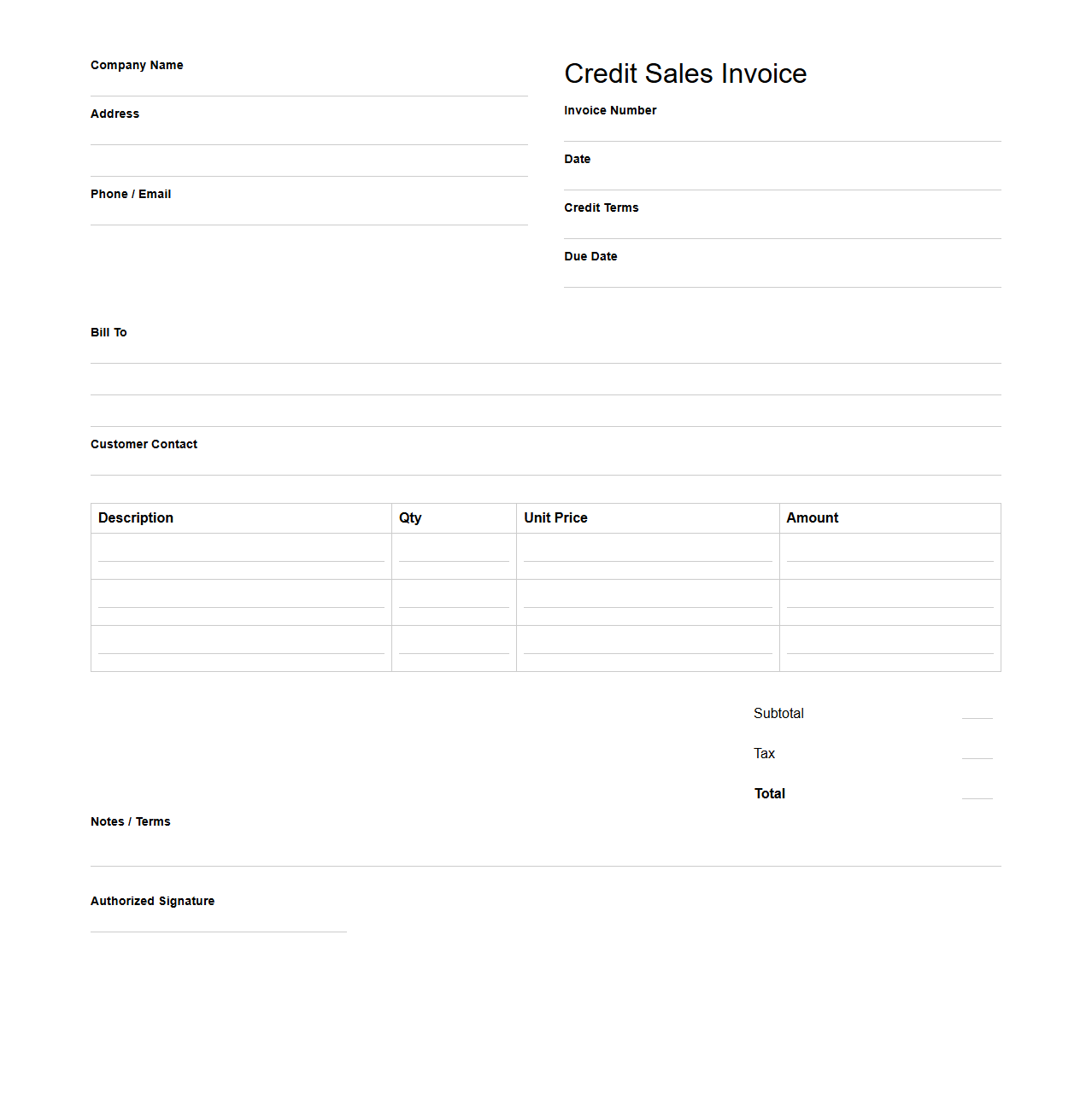 Blank Credit Sales Invoice Template