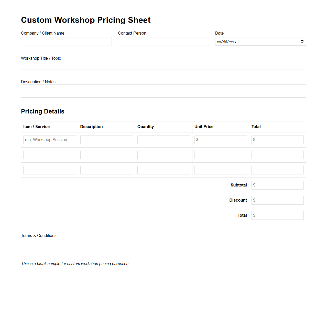 Blank Custom Workshop Pricing Sheet