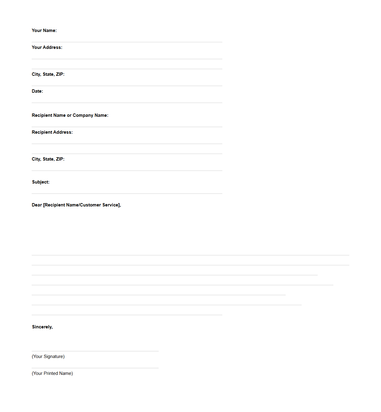 Blank Customer Complaint Letter Template
