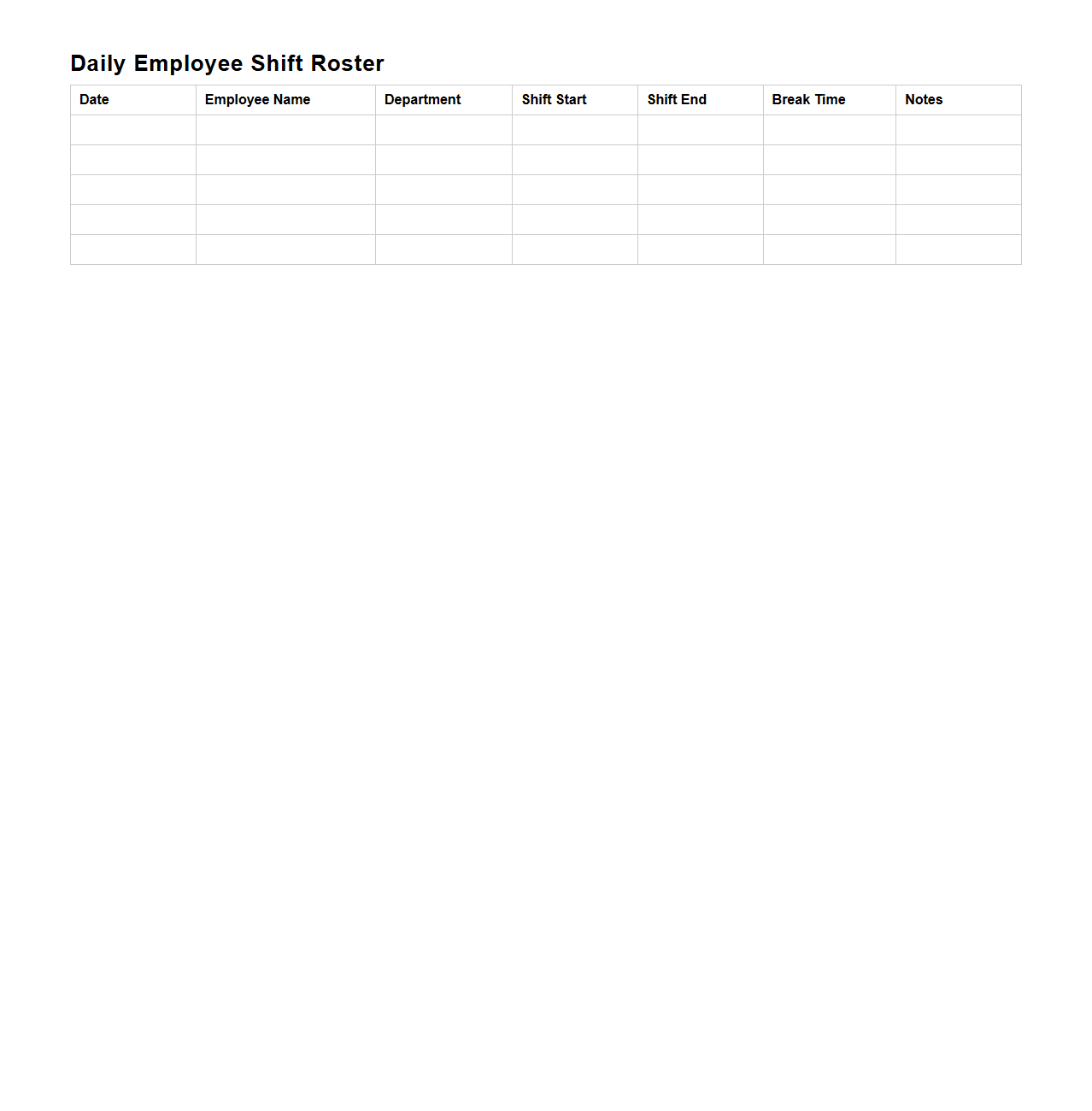 Blank Daily Employee Shift Roster Template