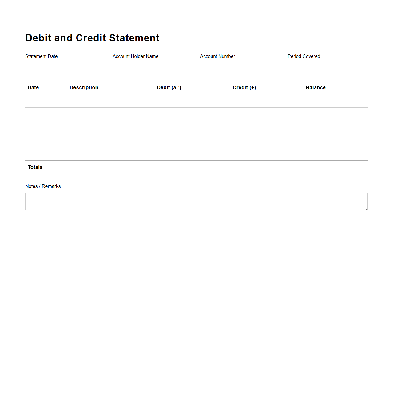 Blank Debit and Credit Statement Template