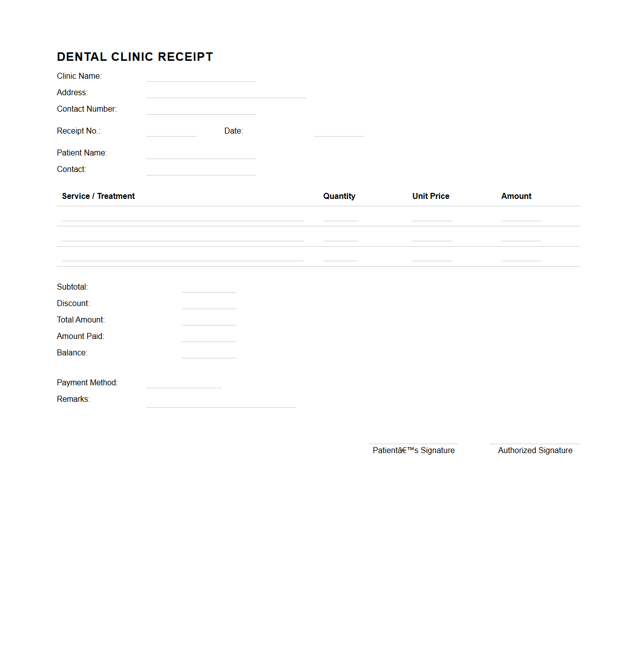 Blank Dental Clinic Receipt Template