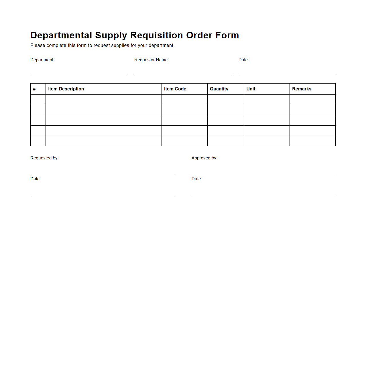 Blank Departmental Supply Requisition Order Form