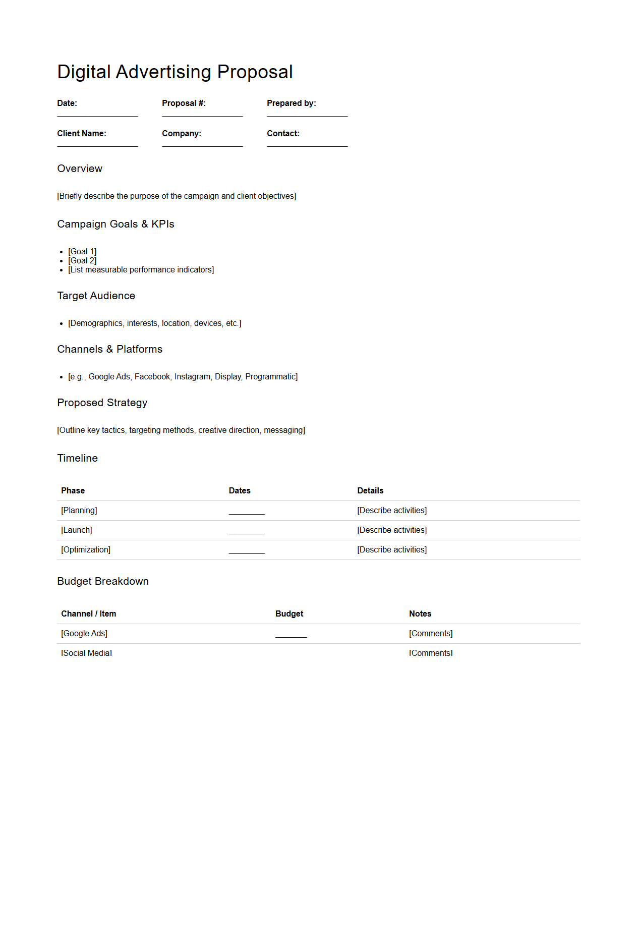 Blank Digital Advertising Proposal Template for Online Campaigns