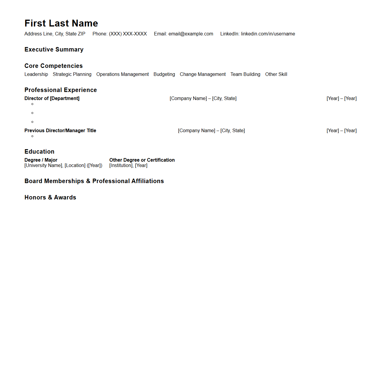 Blank Director Level Resume Format
