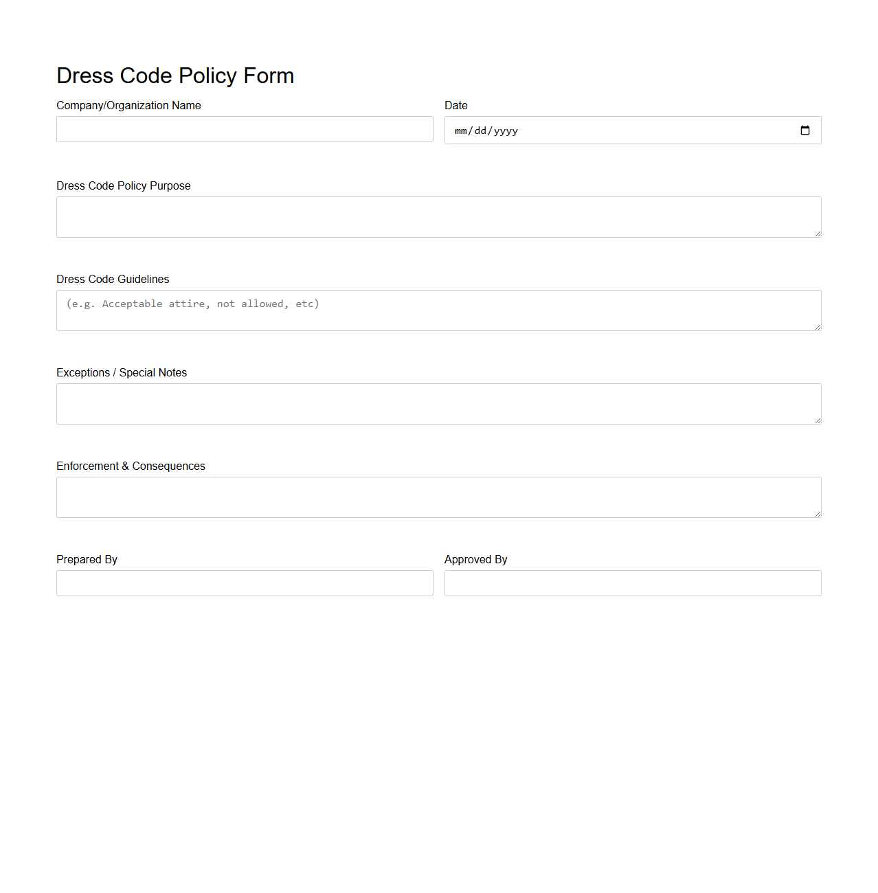 Blank Dress Code Policy Form