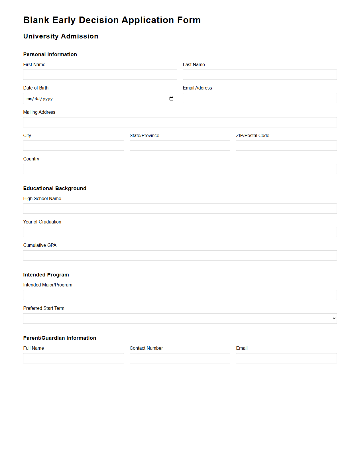 Blank Early Decision Application Form for University Admission