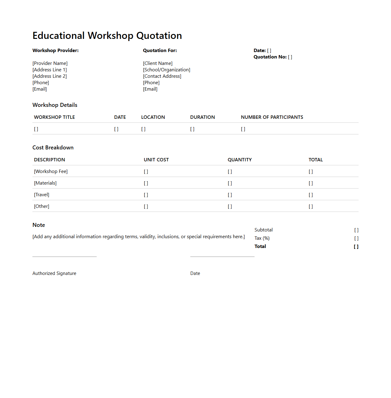 Blank Educational Workshop Quotation Sample