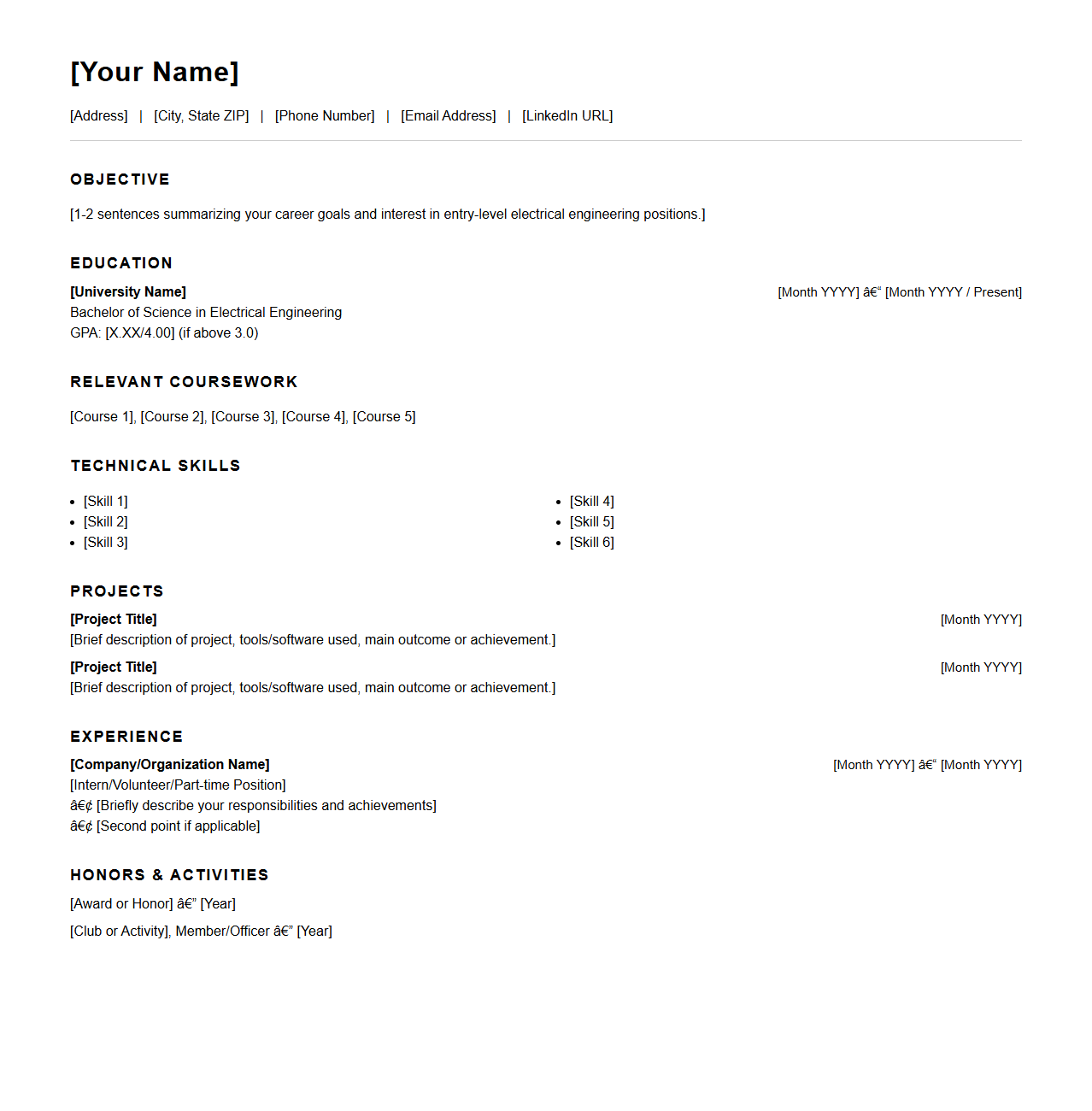 Blank Electrical Engineering Resume Format for Entry-Level Positions