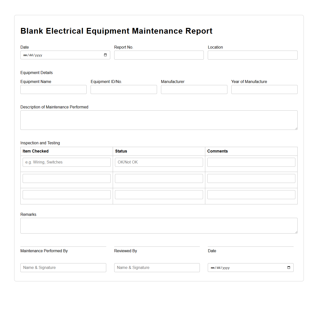 Blank Electrical Equipment Maintenance Report