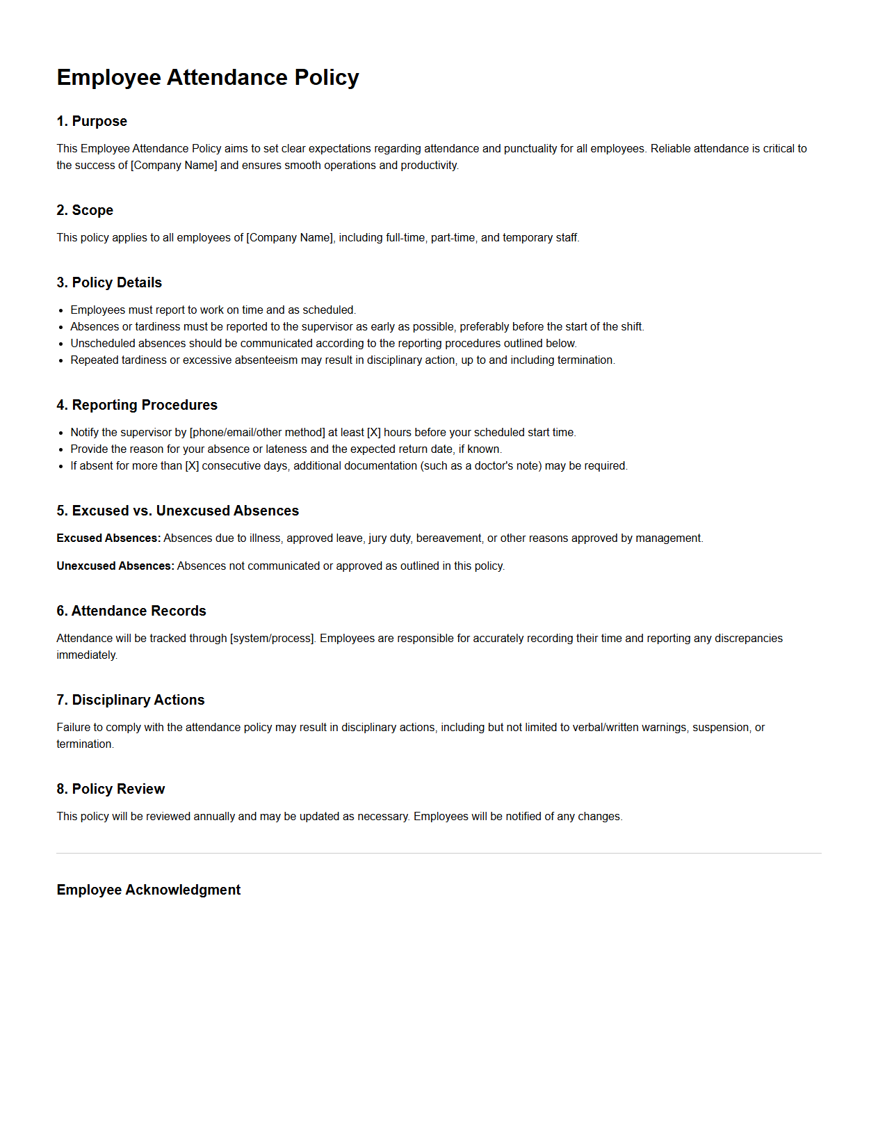 Blank Employee Attendance Policy Template for Businesses