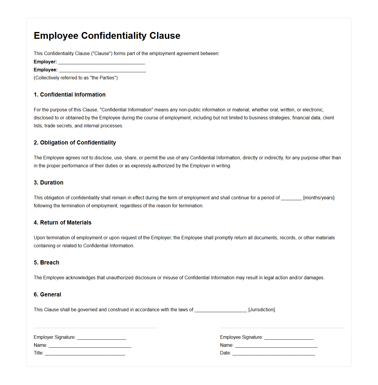 Blank Employee Confidentiality Clause Template