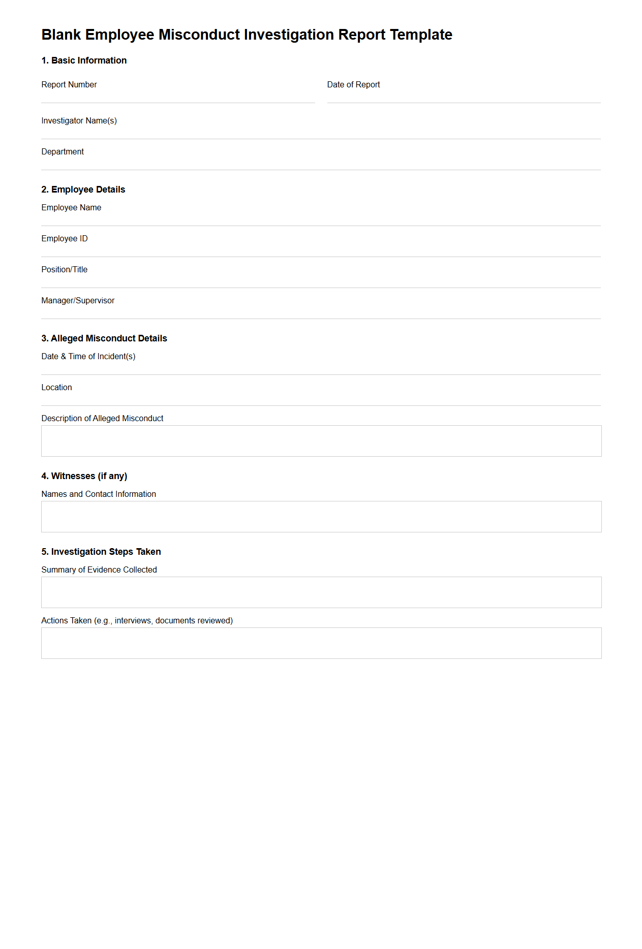 Blank Employee Misconduct Investigation Report Template for Compliance