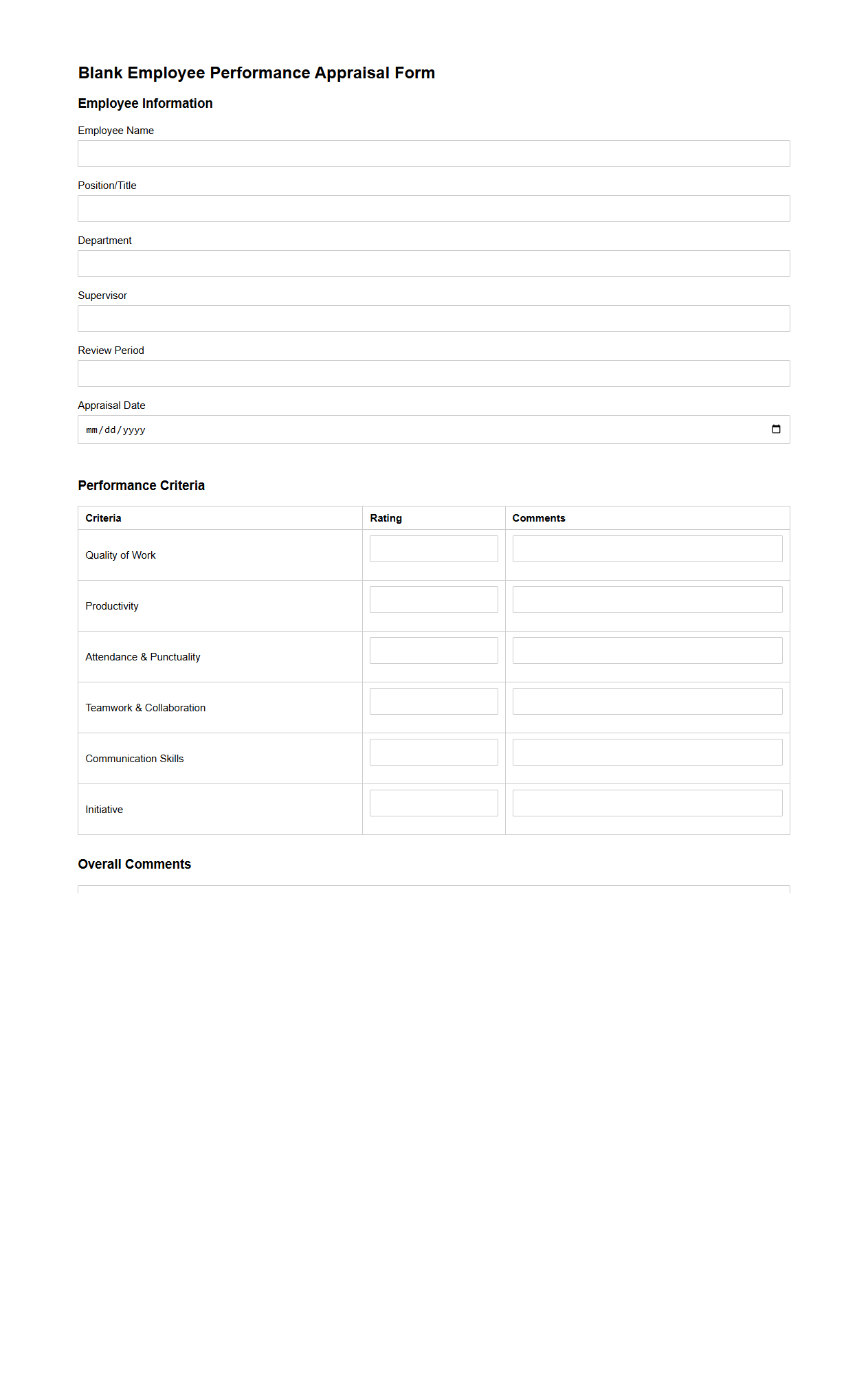 Blank Employee Performance Appraisal Form Template