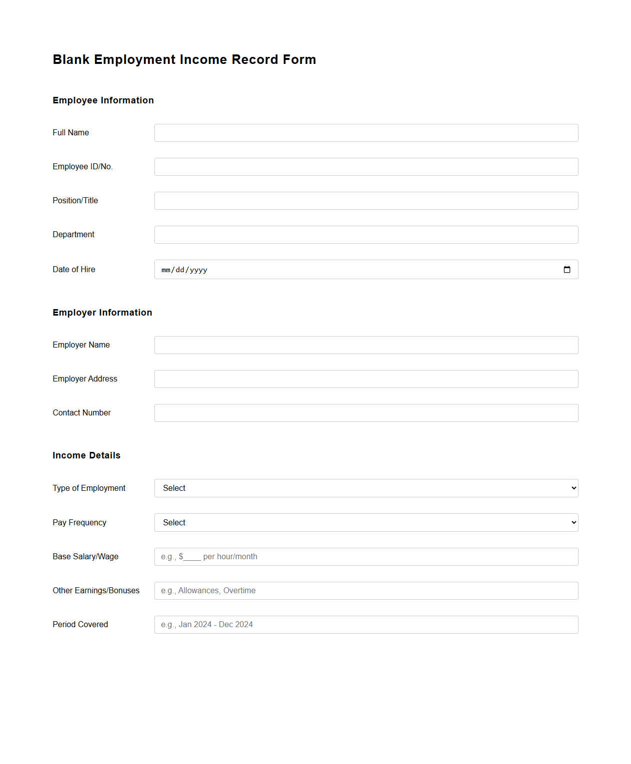 Blank Employment Income Record Form