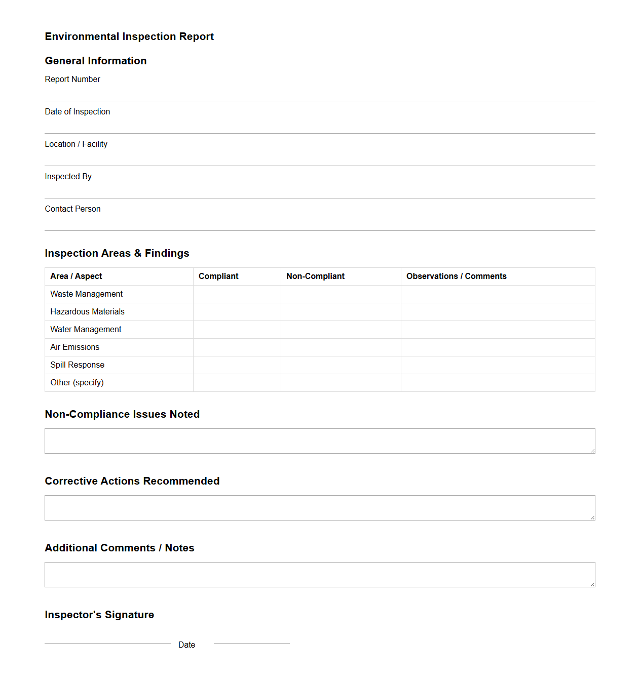 Blank Environmental Inspection Report Template for Compliance Management