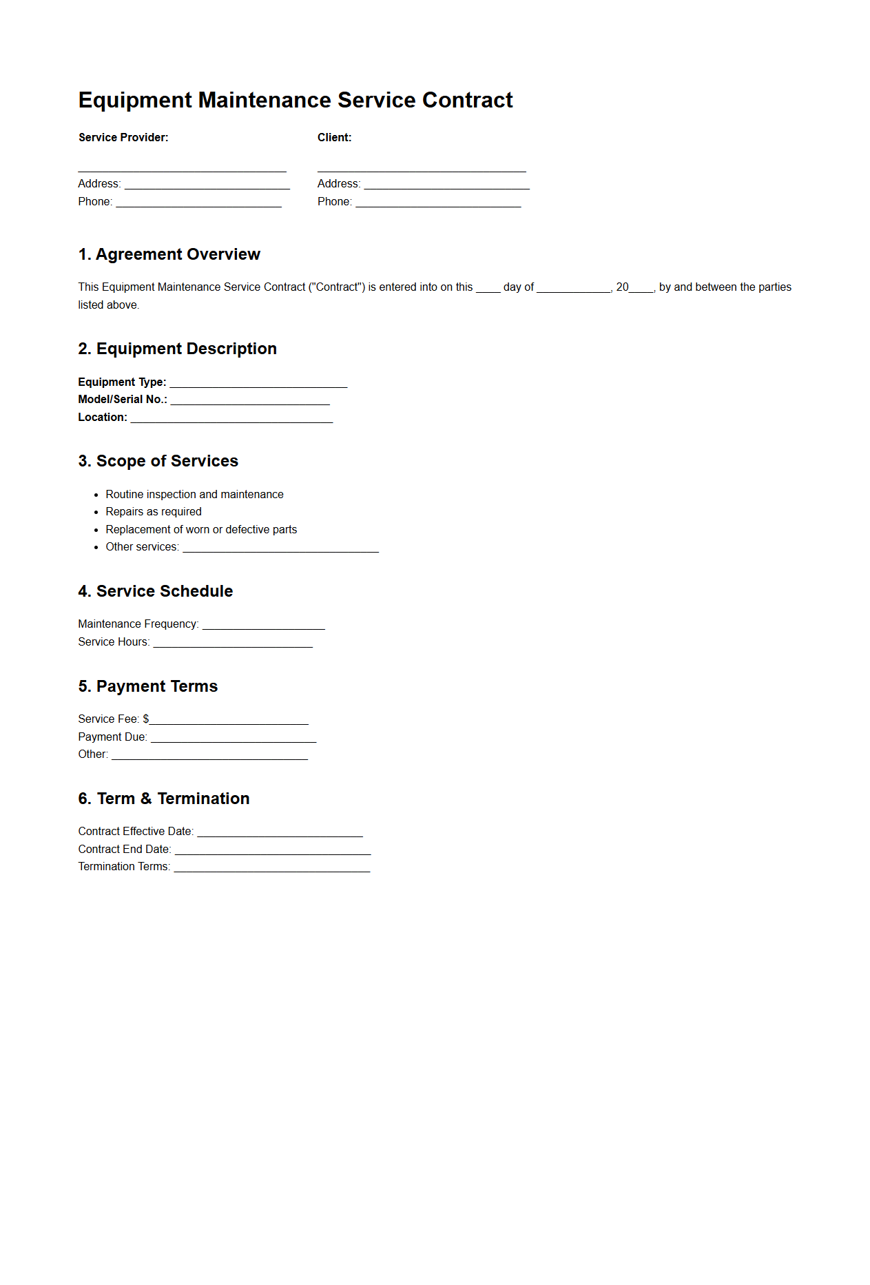 Blank Equipment Maintenance Service Contract Sample