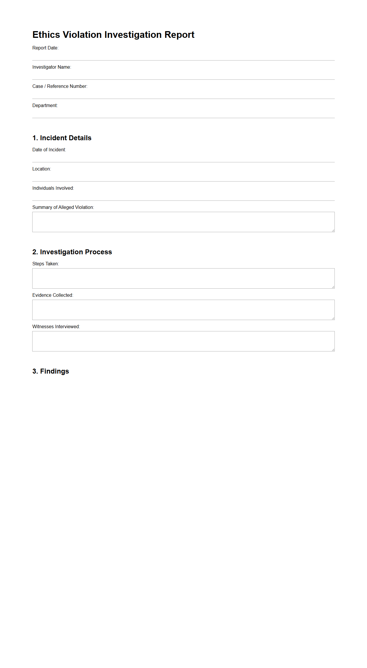 Blank Ethics Violation Investigation Report Template for Compliance