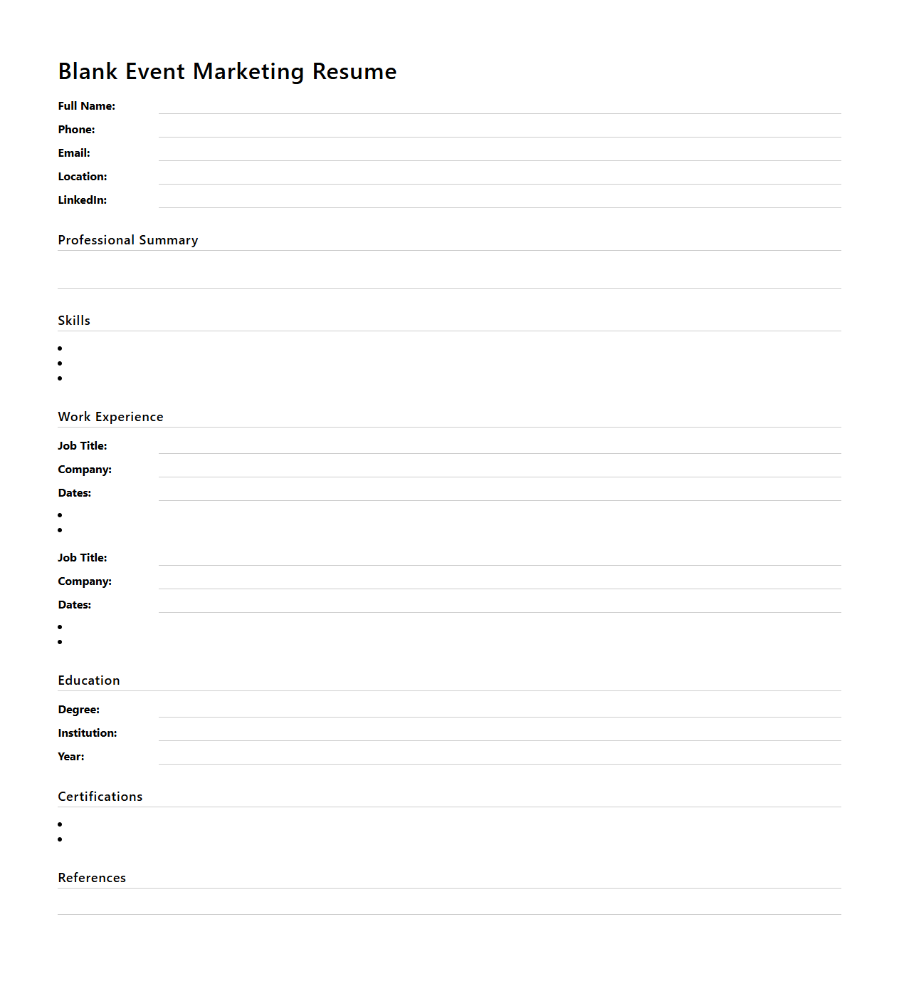 Blank Event Marketing Resume Template for Event Coordinators