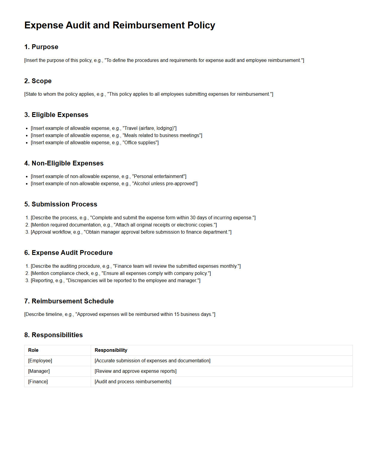Blank Expense Audit and Reimbursement Policy Template