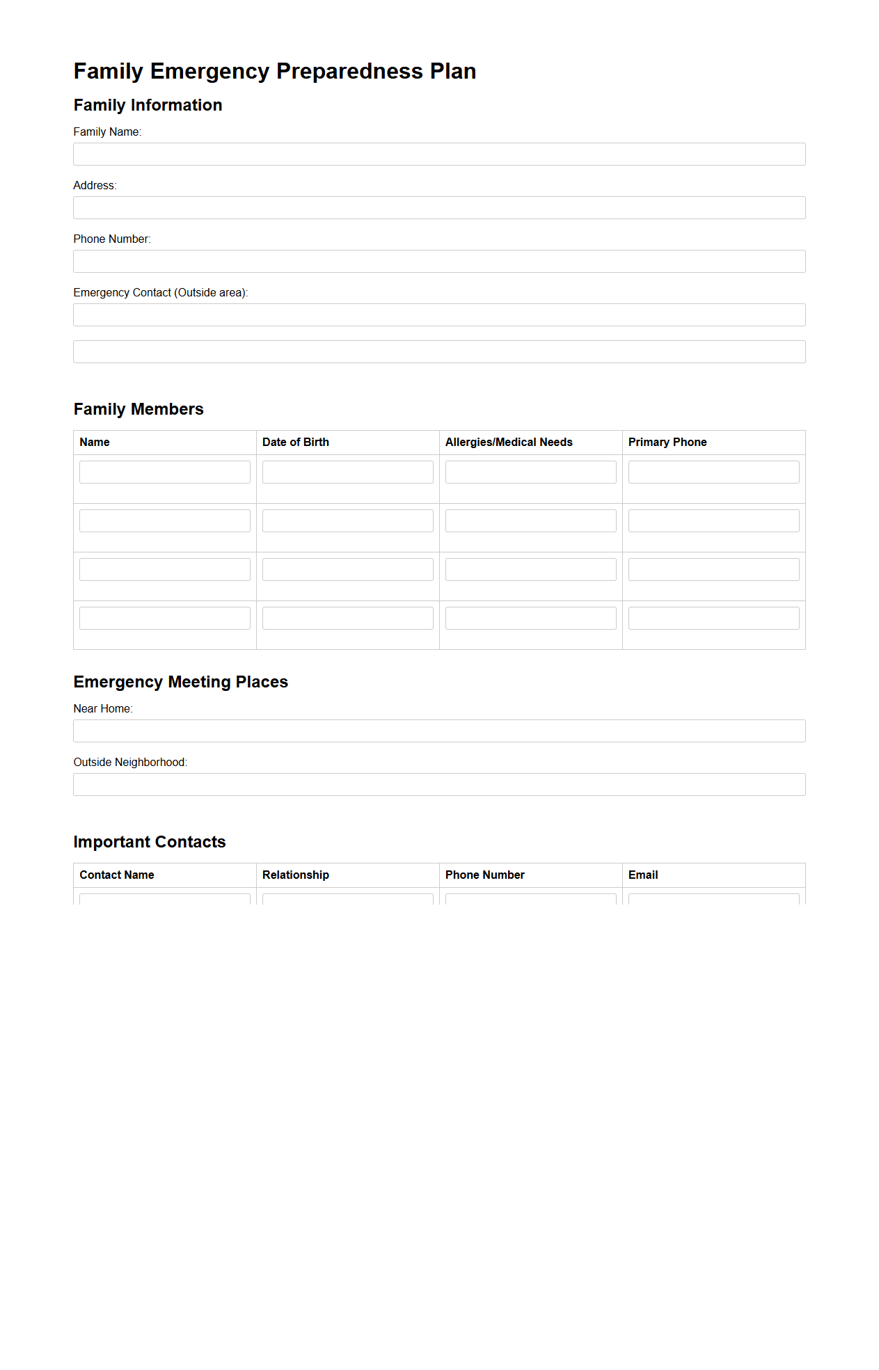 Blank Family Emergency Preparedness Plan Form