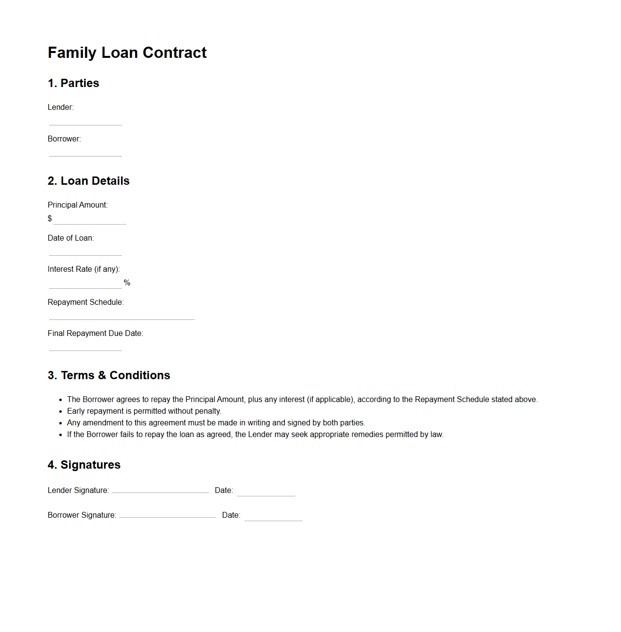 Blank Family Loan Contract Template