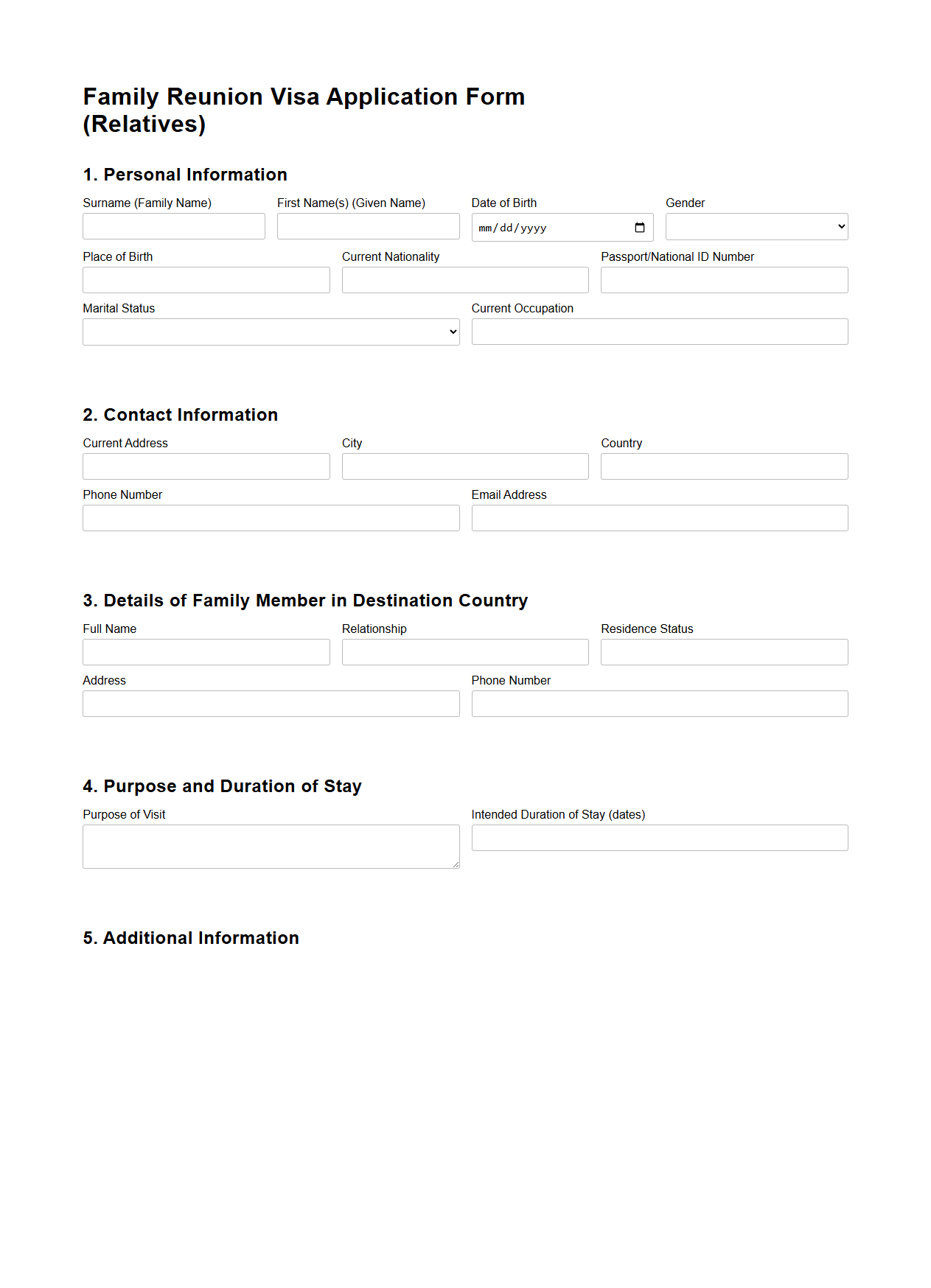 Blank Family Reunion Visa Application Form for Relatives