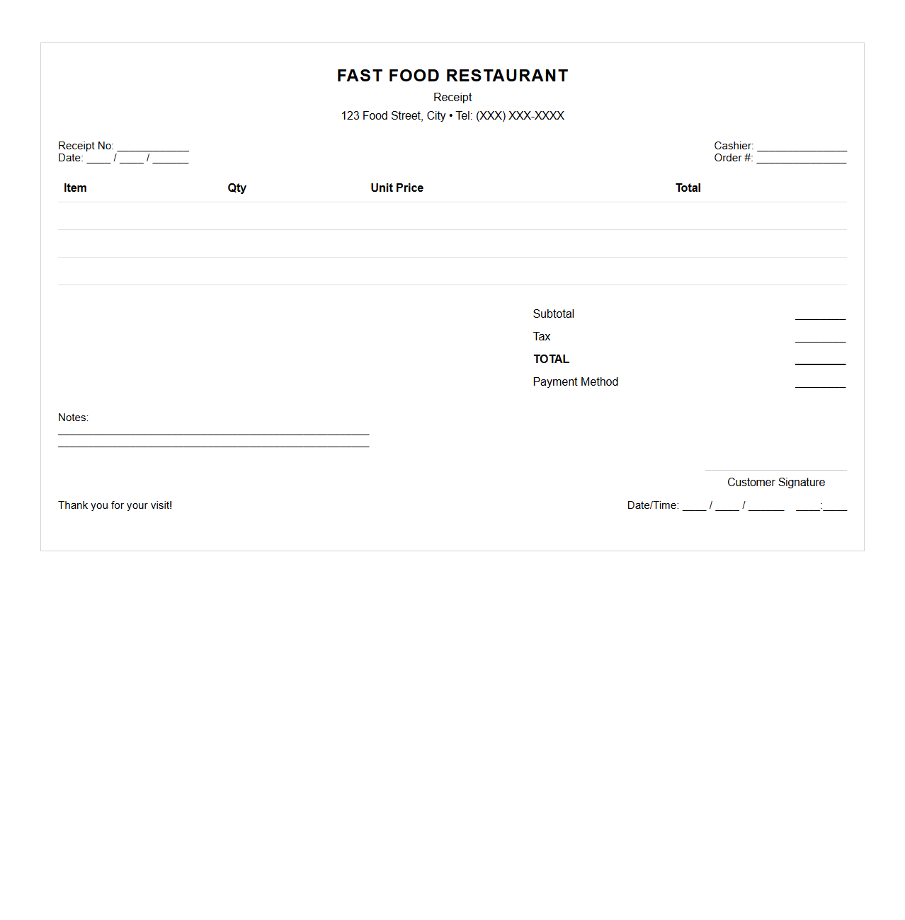 Blank Fast Food Restaurant Receipt Template