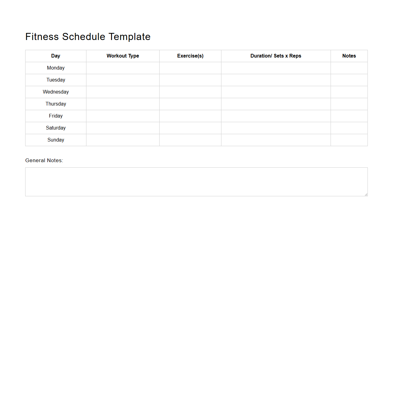 Blank Fitness Schedule Template for Workout Planning
