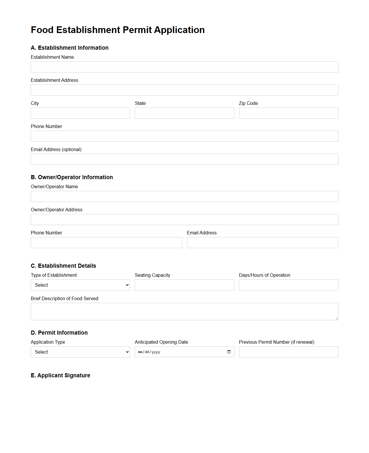 Blank Food Establishment Permit Application Template