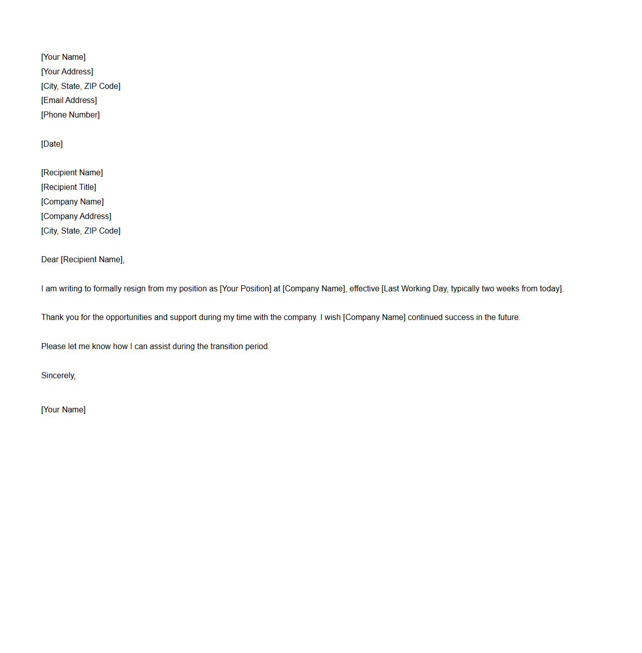 Blank Formal Resignation Letter Template
