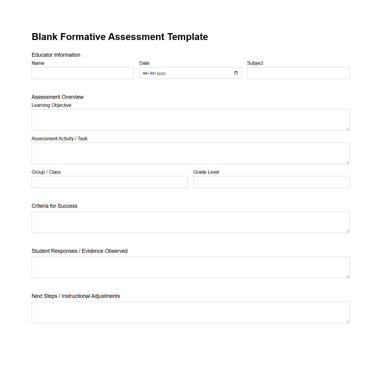 Blank Formative Assessment Template for Educators