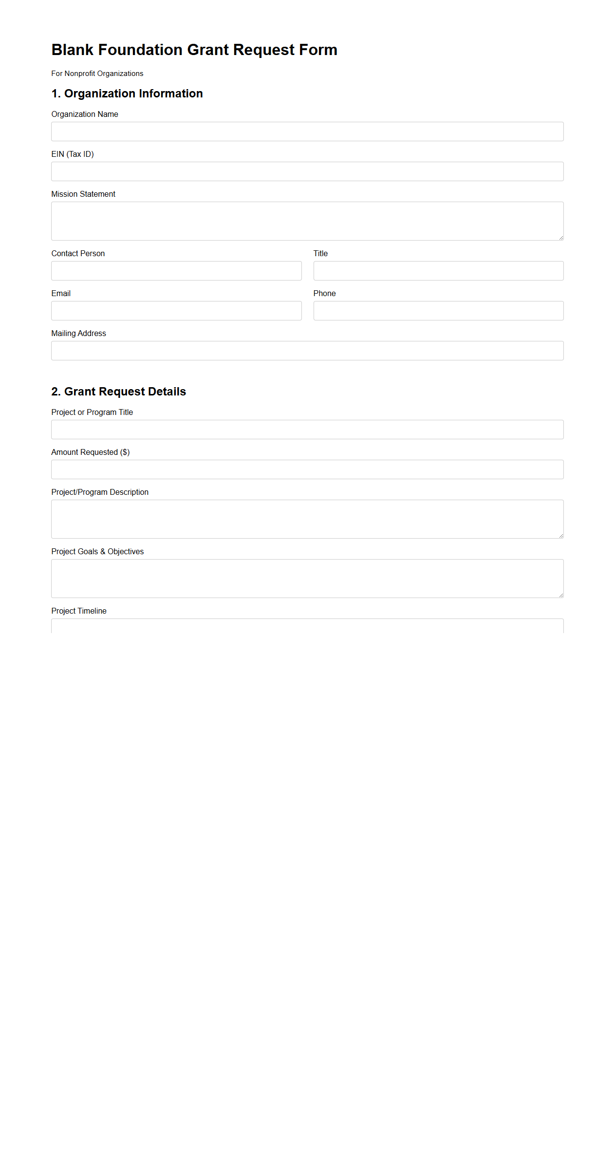 Blank Foundation Grant Request Form for Nonprofits