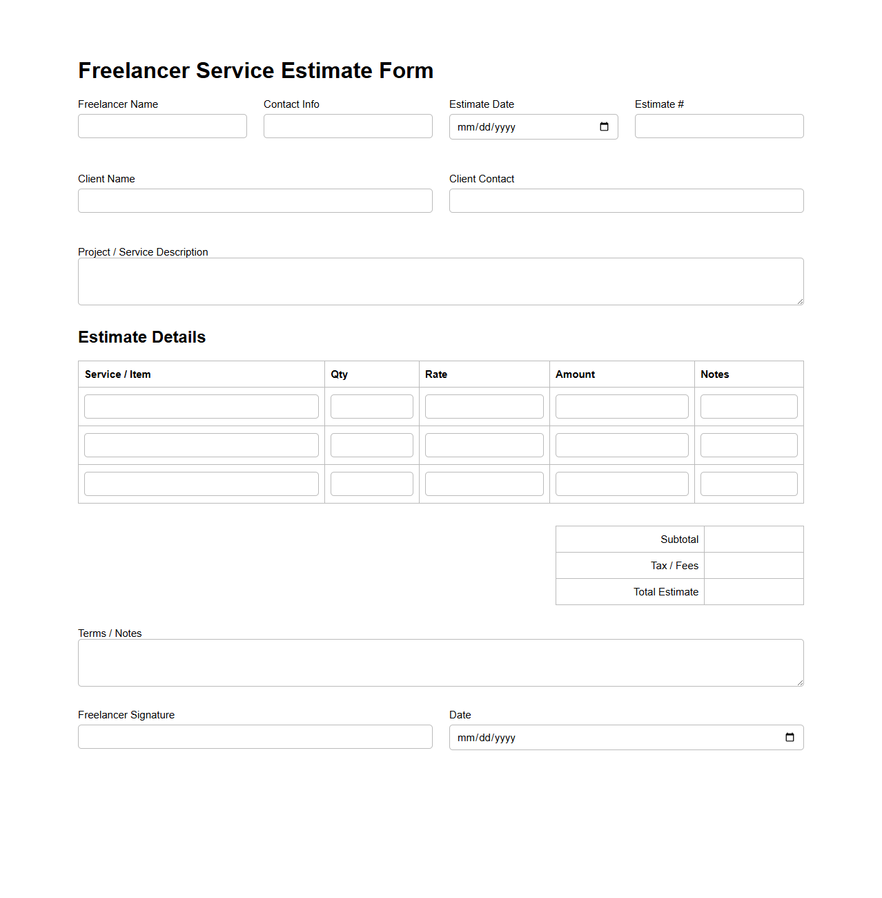 Blank Freelancer Service Estimate Form