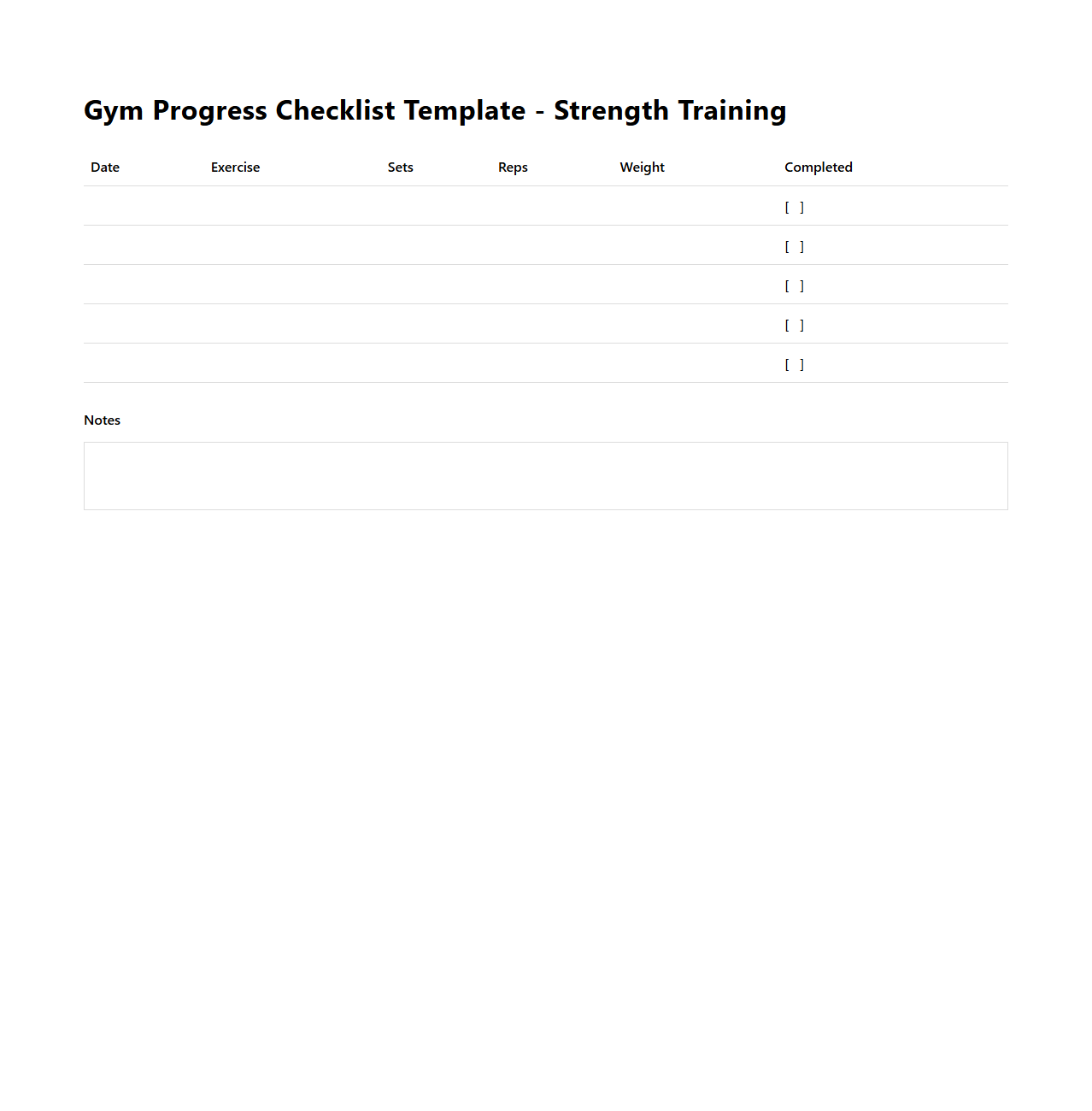 Blank Gym Progress Checklist Template for Strength Training