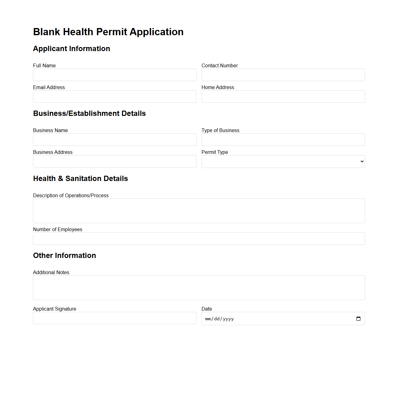 Blank Health Permit Application Template