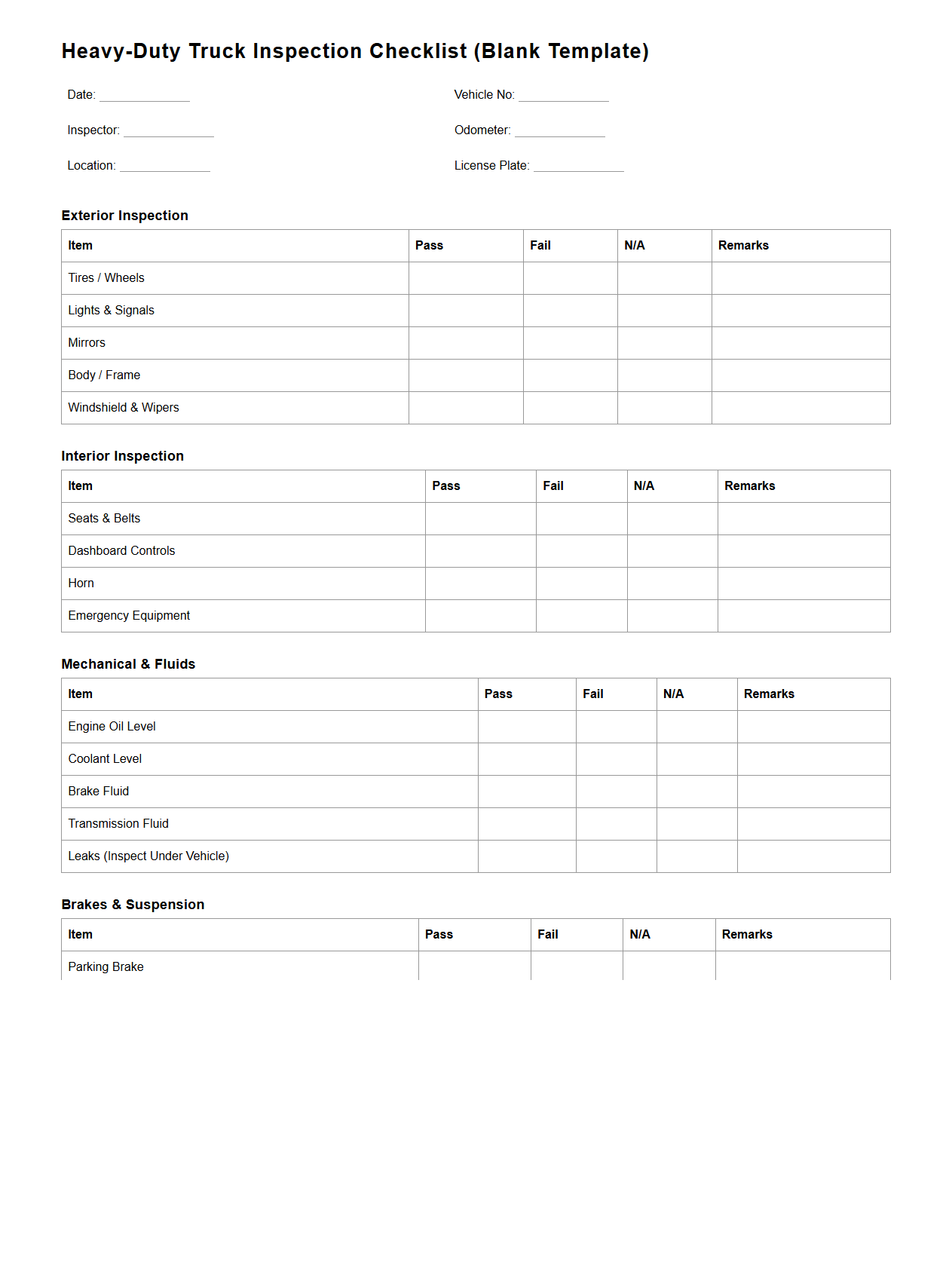 Blank Heavy-Duty Truck Inspection Checklist Template