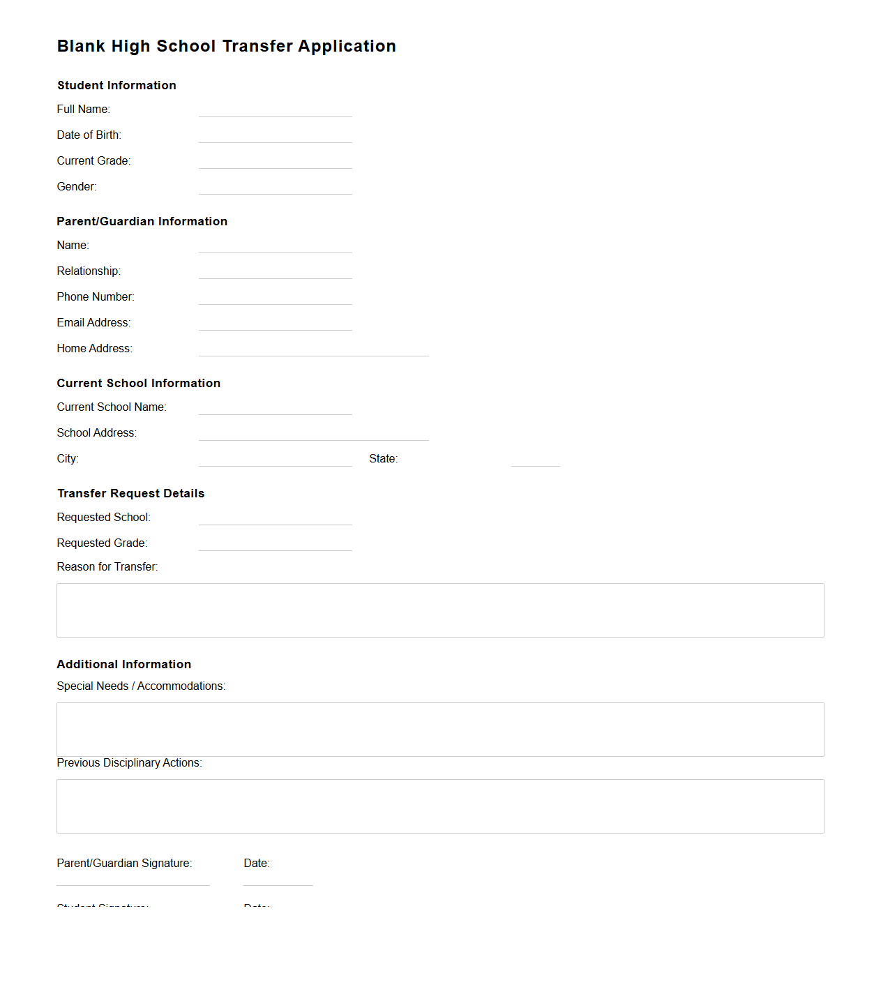 Blank High School Transfer Application Document