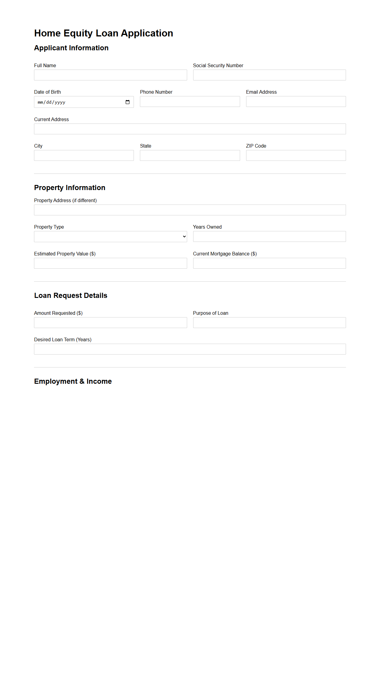 Blank Home Equity Loan Application Document for Mortgage Companies