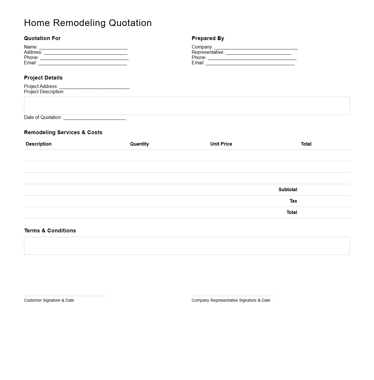 Blank Home Remodeling Quotation Template