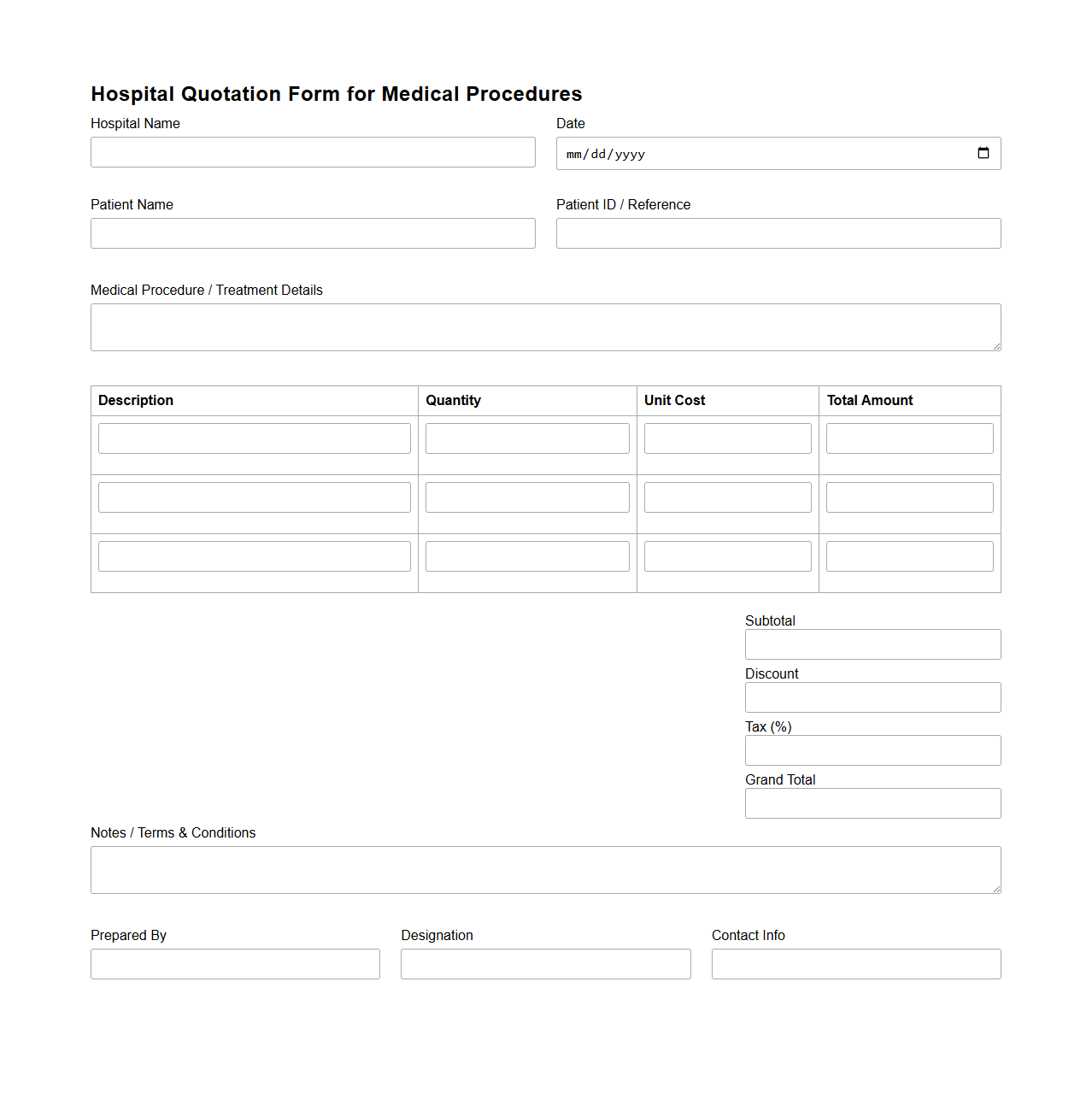 Blank Hospital Quotation Form for Medical Procedures