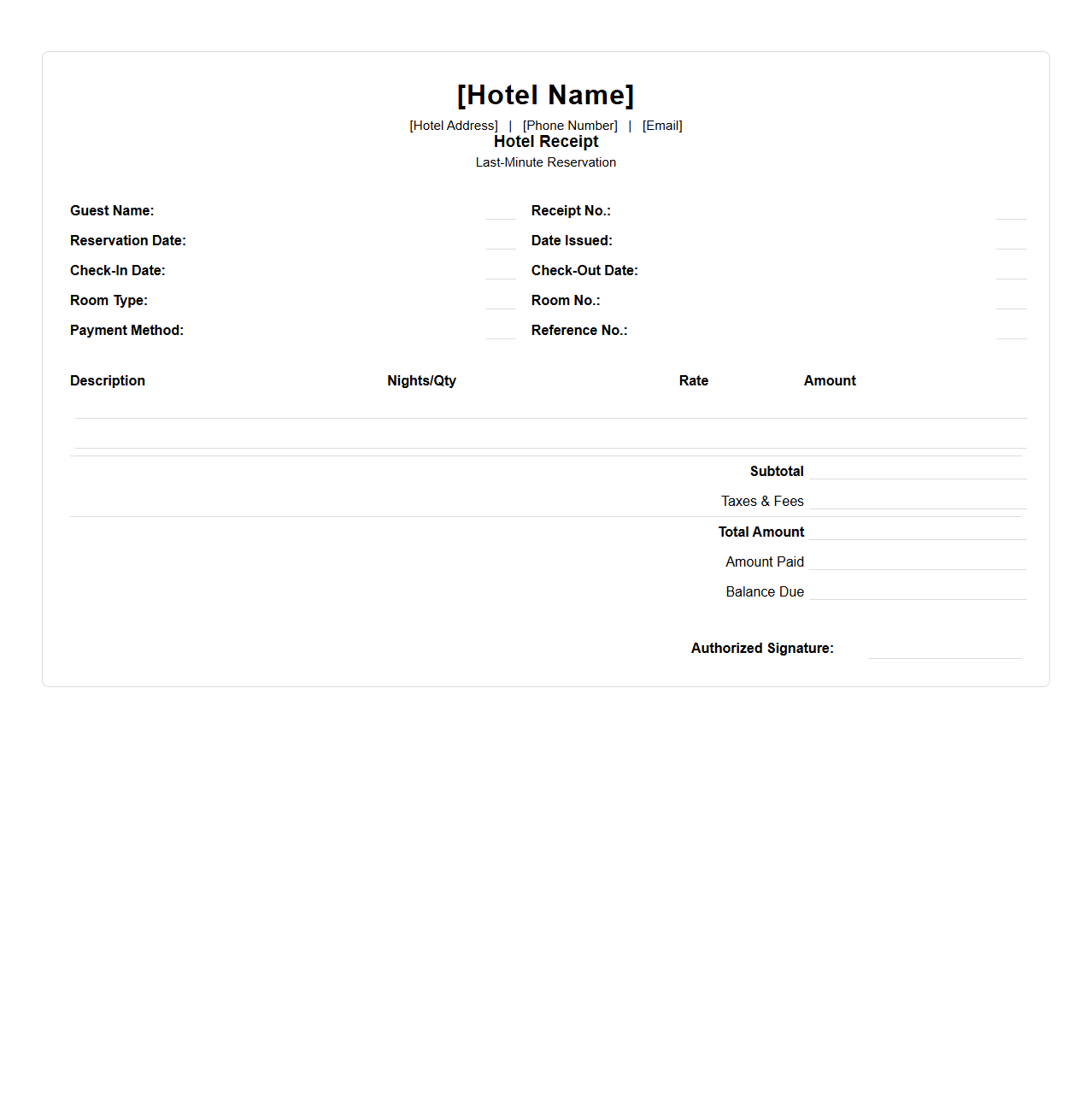 Blank Hotel Receipt Template for Last-Minute Reservations