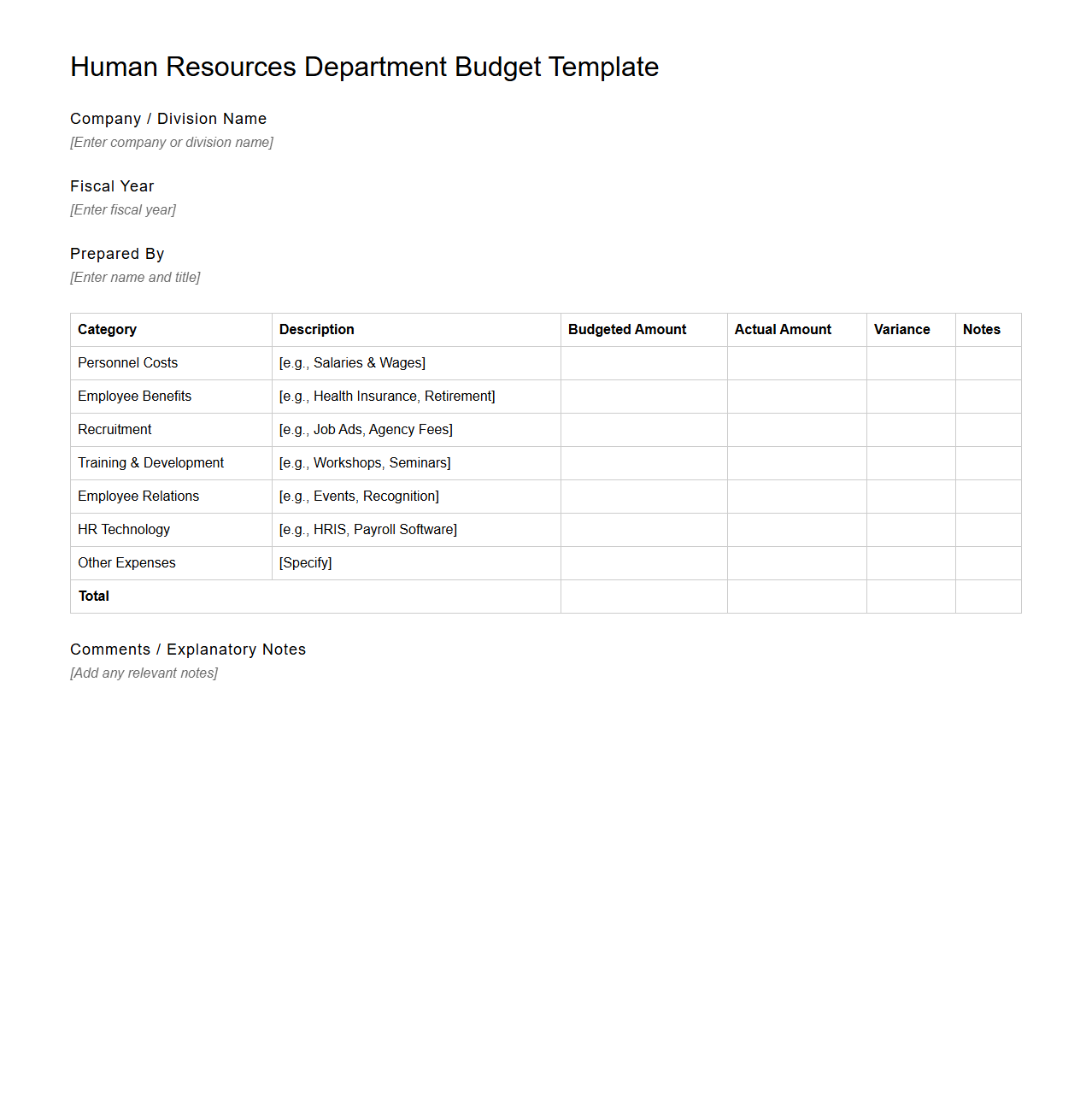 Blank Human Resources Department Budget Template for Corporate Divisions
