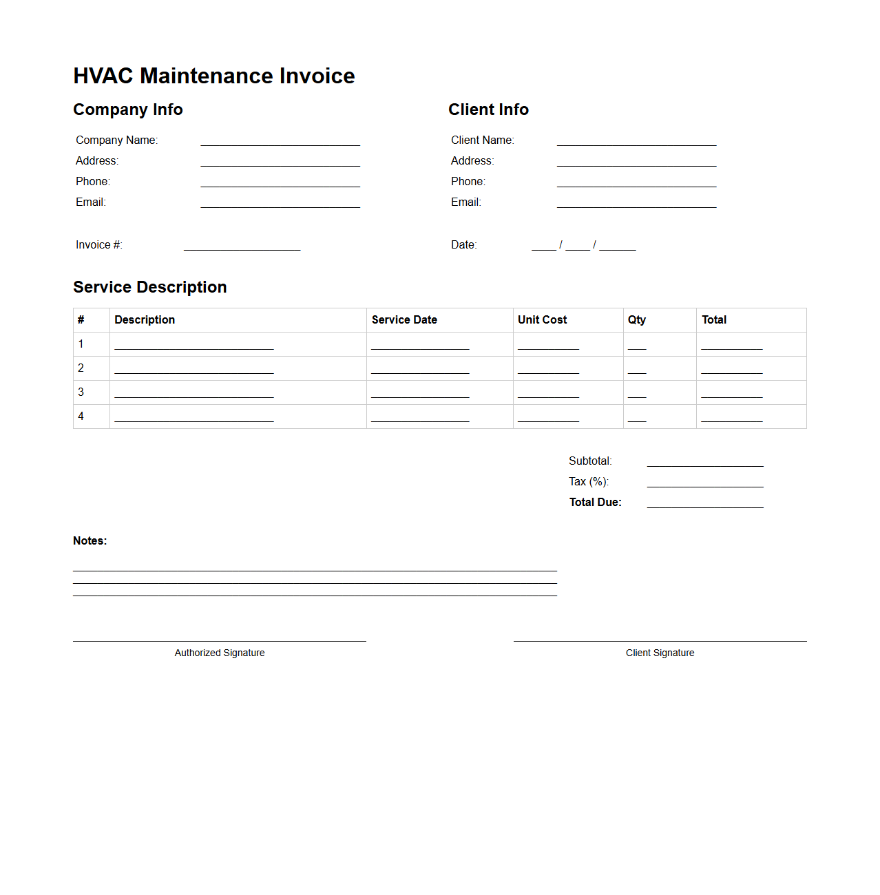 Blank HVAC Maintenance Invoice Template