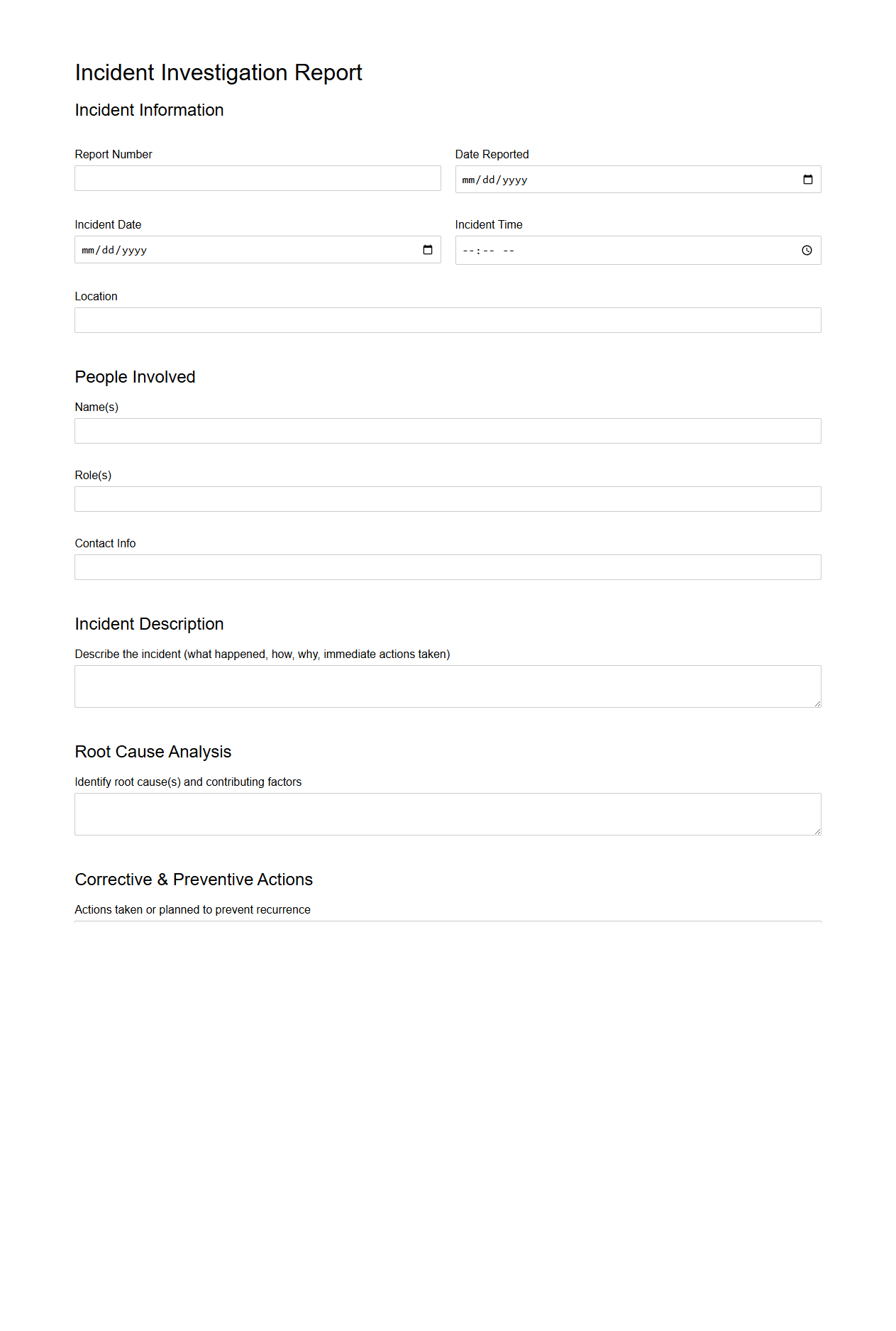 Blank Incident Investigation Report Template for Regulatory Compliance