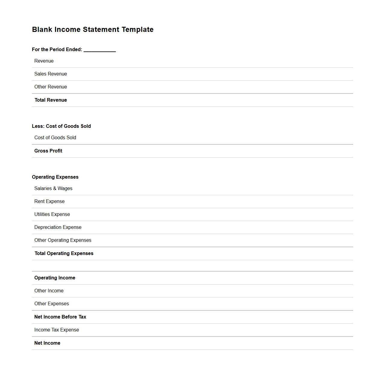 Blank Income Statement Template for Small Business Analysis