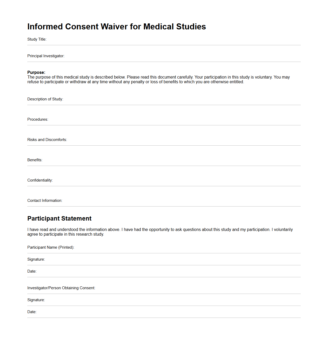 Blank Informed Consent Waiver for Medical Studies