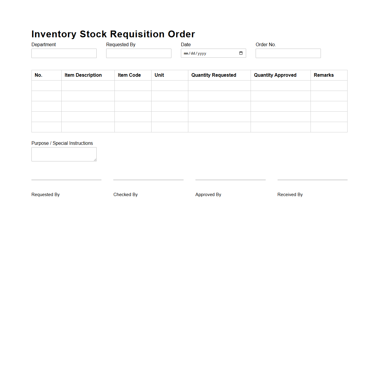 Blank Inventory Stock Requisition Order
