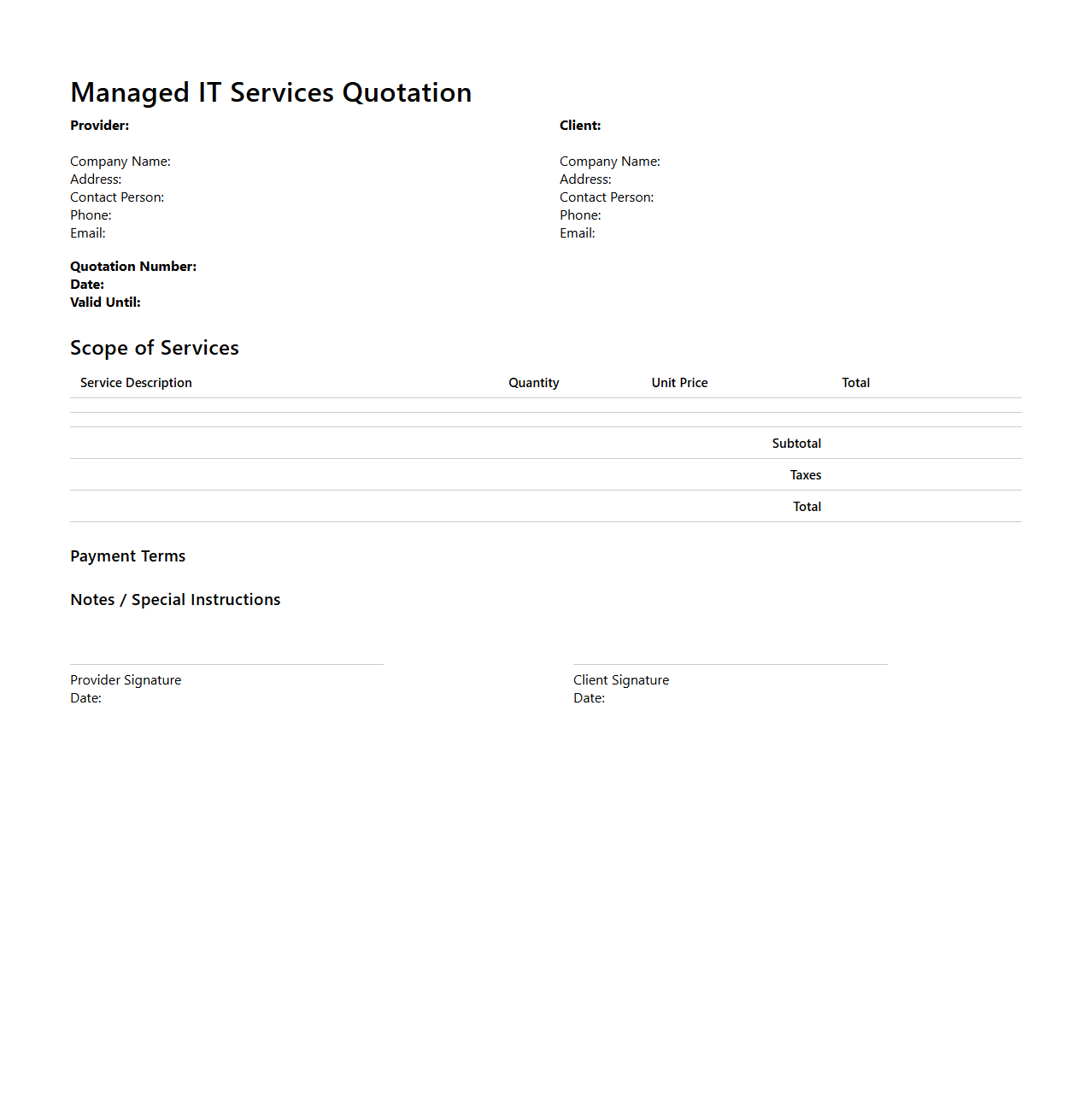 Blank IT Quotation Template for Managed IT Services